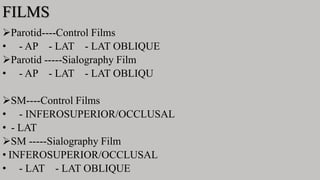 FILMS
Parotid----Control Films
• - AP - LAT - LAT OBLIQUE
Parotid -----Sialography Film
• - AP - LAT - LAT OBLIQU
SM----Control Films
• - INFEROSUPERIOR/OCCLUSAL
• - LAT
SM -----Sialography Film
• INFEROSUPERIOR/OCCLUSAL
• - LAT - LAT OBLIQUE
 