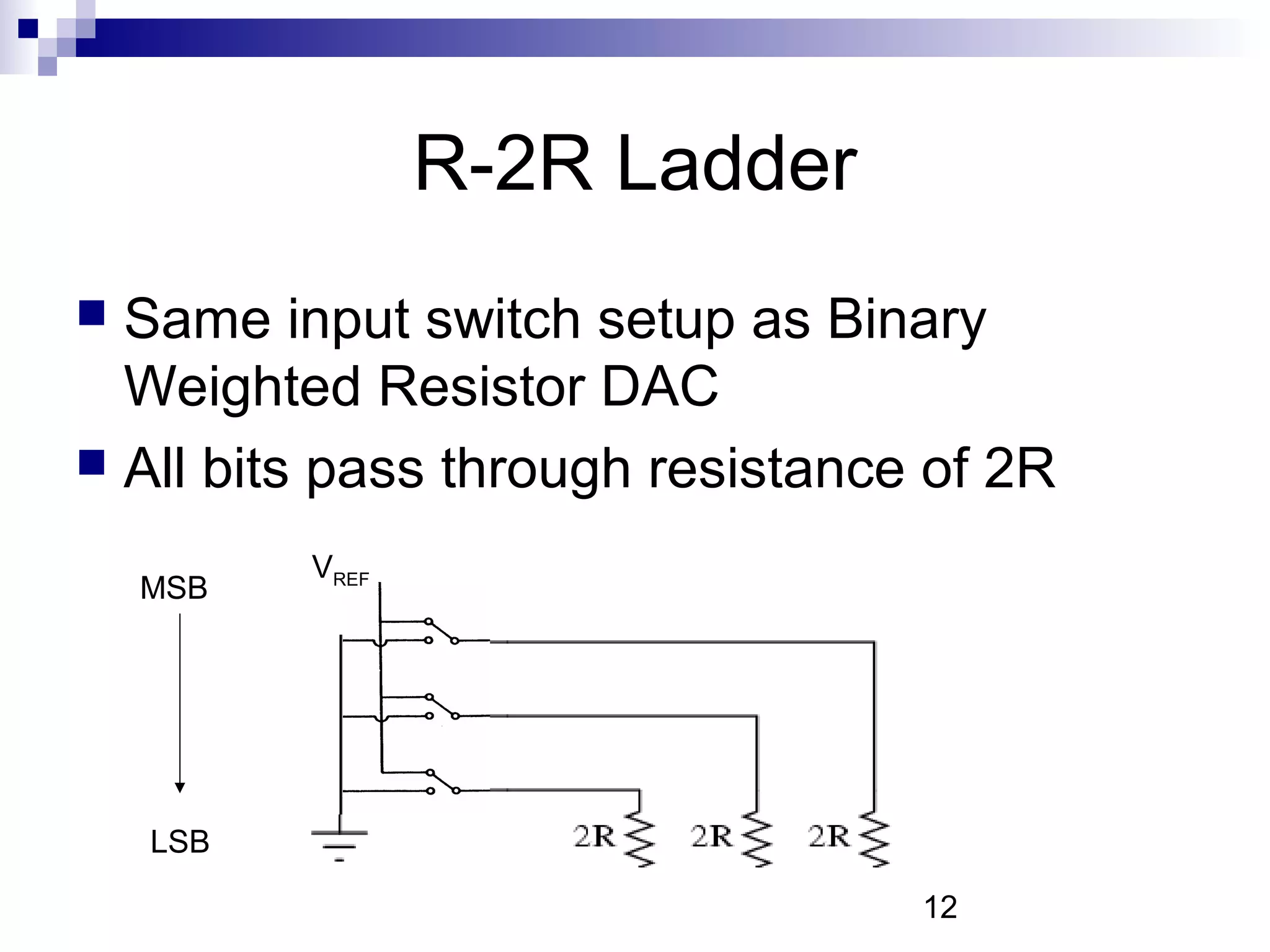 R-2R Ladder
 Same input switch setup as Binary
  Weighted Resistor DAC
 All bits pass through resistance of 2R

          VREF
    MSB




    LSB

                                  12
 
