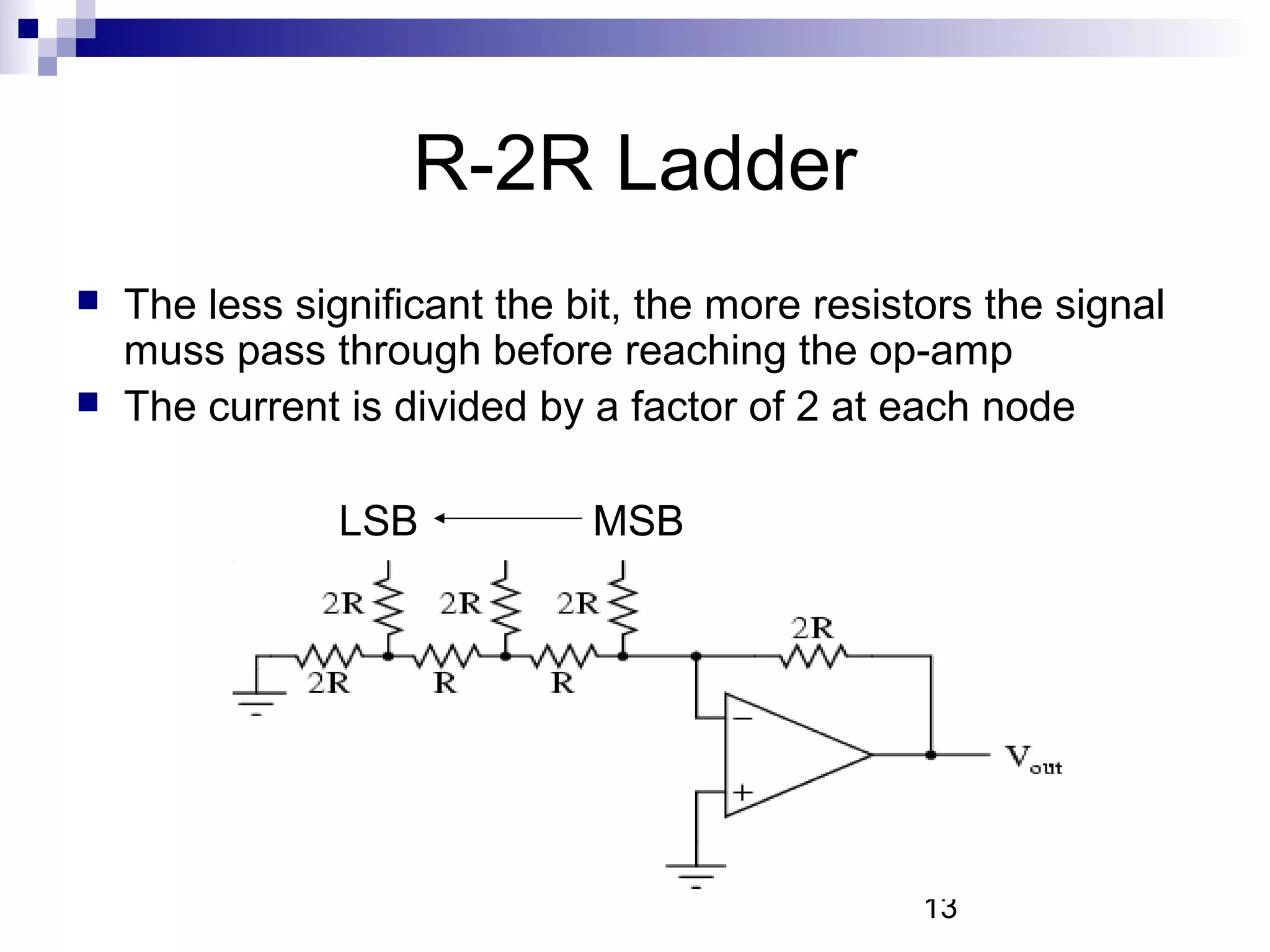 R-2R Ladder
   The less significant the bit, the more resistors the signal
    muss pass through before reaching the op-amp
   The current is divided by a factor of 2 at each node

                LSB           MSB




                                                 13
 