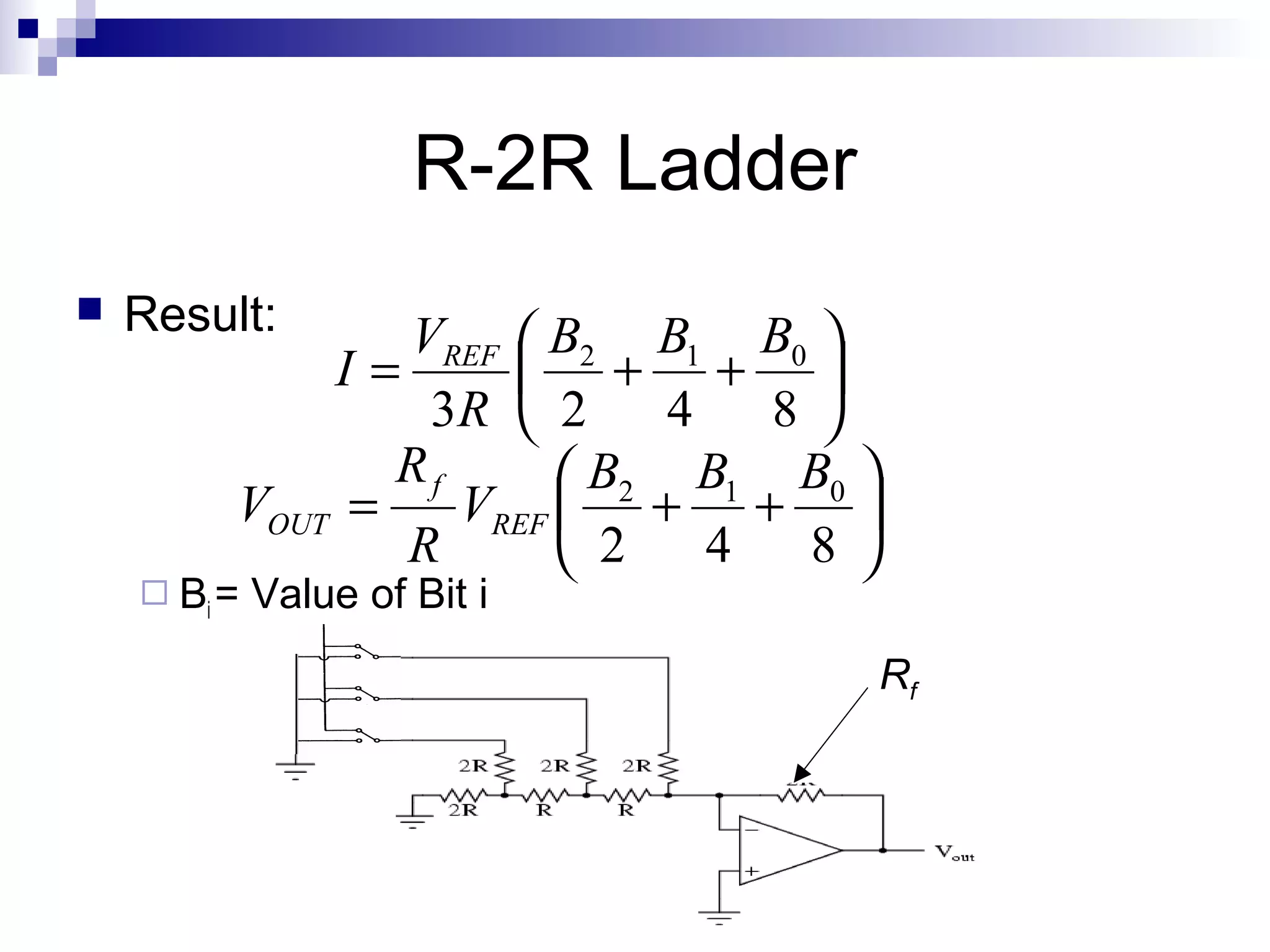 R-2R Ladder
   Result:     VREF  B2 B1 B0 
             I=       + + 
                 3R  2      4   8 
                Rf       B2 B1 B0 
         VOUT =    VREF  + + 
                R        2    4   8 
     Bi =   Value of Bit i
                                     Rf




                                          15
 