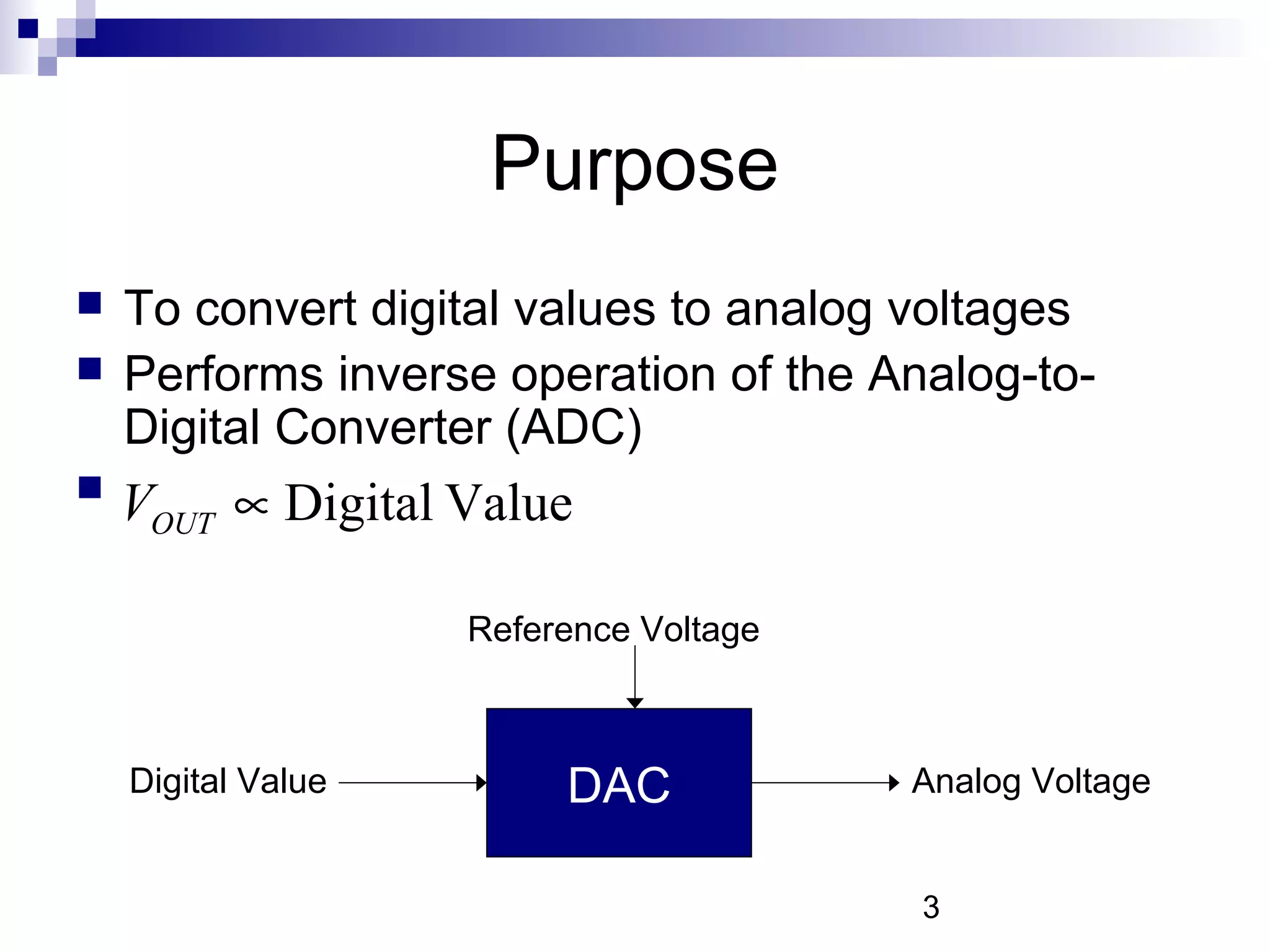 Purpose
   To convert digital values to analog voltages
   Performs inverse operation of the Analog-to-
    Digital Converter (ADC)

    VOUT ∝ Digital Value

                    Reference Voltage



    Digital Value        DAC            Analog Voltage


                                        3
 