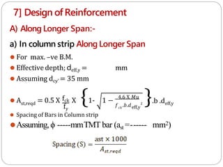 7] Design of Reinforcement
A) Along Longer Span:-
a) In column strip Along Longer Span
⚫ For max. –ve B.M.
mm
⚫ Effective depth; deff,y =
⚫ Assuming dcy’ = 35 mm
st,reqd
fy
4.6 X 𝑀𝑢
𝑐𝑘
𝑓 .𝑏.𝑑eff,y
2
⚫ A = 0.5 X fck X {1- 1 − }.b .deff,y
⚫ Spacing of Bars in Column strip
⚫Assuming,ϕ -----mmTMT bar (ast =------ mm2)
 
