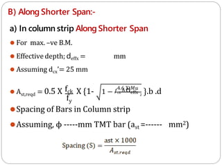 B) Along Shorter Span:-
a) In column strip AlongShorter Span
⚫ For max. –ve B.M.
mm
⚫ Effective depth; deffx =
⚫ Assuming dcx’= 25 mm
st,reqd
fy
⚫ A = 0.5 X fck X {1- 1 −
4.6 X 𝑀𝑢
𝑓𝑐𝑘.𝑏.deffx 2
}.b .d
⚫Spacing of Bars in Column strip
⚫Assuming, ϕ -----mm TMT bar (ast =------ mm2)
 