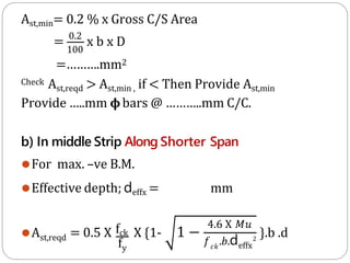 Ast,min= 0.2 % x Gross C/S Area
= 0.2
x b x D
100
=……….mm2
Check Ast,reqd > Ast,min , if < Then Provide Ast,min
Provide …..mm 𝛟bars @ ………..mm C/C.
b) In middle Strip Along Shorter Span
⚫For max. –ve B.M.
⚫Effective depth; deffx = mm
⚫Ast,reqd
fy
= 0.5 X fck X {1- 1 −
4.6 X 𝑀𝑢
𝑐𝑘
𝑓 .𝑏.deffx
2
}.b .d
 