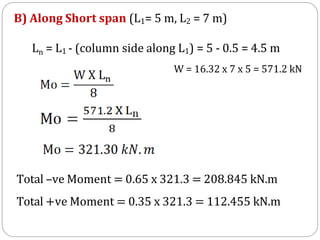 B) Along Short span (L1= 5 m, L2 = 7 m)
Total –ve Moment = 0.65 x 321.3 = 208.845 kN.m
Total +ve Moment = 0.35 x 321.3 = 112.455 kN.m
Ln = L1 - (column side along L1) = 5 - 0.5 = 4.5 m
W = 16.32 x 7 x 5 = 571.2 kN
 