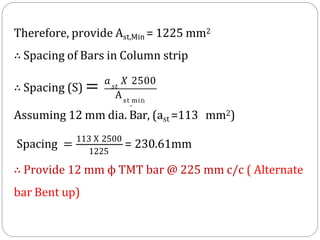 Therefore, provide Ast,Min = 1225 mm2
∴ Spacing of Bars in Column strip
∴ Spacing (S) = 𝑠𝑡
𝑎 𝑋 2500
Ast mi𝚗
,
Assuming 12 mm dia. Bar, (ast =113 mm2)
Spacing = 113 X 2500
= 230.61mm
1225
∴ Provide 12 mm ϕ TMT bar @ 225 mm c/c ( Alternate
bar Bent up)
 
