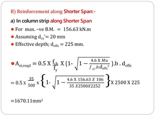 B) Reinforcement along Shorter Span:-
a) In column strip along Shorter Span
⚫ For max. –ve B.M. = 156.63 kN.m
⚫ Assuming dcx’= 20 mm
⚫ Effective depth; deffx = 225 mm.
⚫Ast,reqd
fy
= 0.5 X fck X {1- 1 −
4.6 X 𝑀𝑢
𝑐𝑘
𝑓 .𝑏.deffx
2
}.b . deffx
= 0.5 X
35
500
x {1- 1 −
4.6 X 156.63 𝑋 106
35 𝑋2500𝑋2252
}X 2500 X 225
=1670.11mm2
 