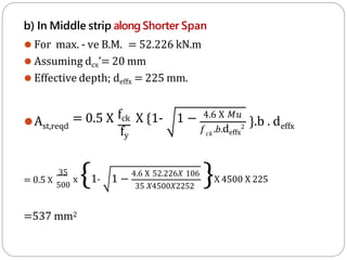 b) In Middle strip along Shorter Span
⚫ For max. - ve B.M. = 52.226 kN.m
⚫ Assuming dcx’= 20 mm
⚫ Effective depth; deffx = 225 mm.
⚫Ast,reqd
= 0.5 X fck X {1- 1 −
fy
4.6 X 𝑀𝑢
𝑐𝑘
𝑓 .𝑏.deffx
2
}.b . deffx
= 0.5 X
35
500
x {1- 1 −
4.6 X 52.226𝑋 106
35 𝑋4500𝑋2252
}X 4500 X 225
=537 mm2
 