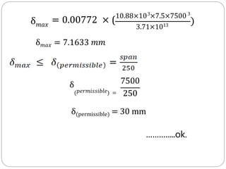 δ(permissible) = 30 mm
…………..ok.
δ𝑚𝑎𝑥
= 0.00772 × (10.88×10 ×7.5×7500
3 3
3.71×1013
)
δ𝑚𝑎𝑥 = 7.1633 𝑚𝑚
δ
(𝑝𝑒𝑟𝑚𝑖𝑠𝑠𝑖𝑏𝑙𝑒) =
7500
250
 