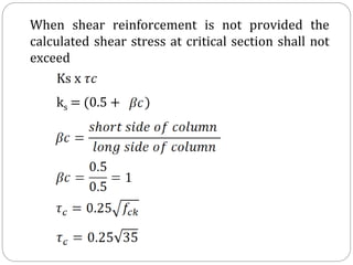 When shear reinforcement is not provided the
calculated shear stress at critical section shall not
exceed
ks = (0.5 + )
 