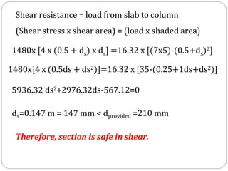 Shear resistance = load from slab to column
(Shear stress x shear area) = (load x shaded area)
1480x [4 x (0.5 + ds) x ds] =16.32 x [(7x5)-(0.5+ds)2]
1480x[4 x (0.5ds + ds2)]=16.32 x [35-(0.25+1ds+ds2)]
5936.32 ds2+2976.32ds-567.12=0
ds=0.147 m = 147 mm < dprovided =210 mm
Therefore, section is safe in shear.
 