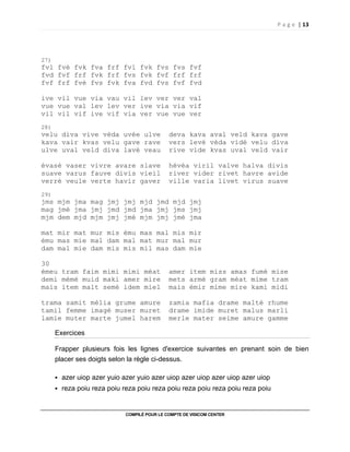 P a g e | 13
COMPILÉ POUR LE COMPTE DE VISICOM CENTER
27)
fvl fvé fvk fva frf fvl fvk fvs fvs fvf
fvd fvf frf fvk frf fvs fvk fvf frf frf
fvf frf fvé fvs fvk fva fvd fvs fvf fvd
ive vil vue via vau vil lev ver ver val
vue vue val lev lev ver ive via via vif
vil vil vif ive vif via ver vue vue ver
28)
velu diva vive véda uvée ulve deva kava aval veld kava gave
kava vair kvas velu gave rave vers levé véda vidé velu diva
ulve uval veld diva lavé veau rive vide kvas uval veld vair
évasé vaser vivre avare slave hévéa viril valve halva divis
suave varus fauve divis vieil river vider rivet havre avide
verré veule verte havir gaver ville varia livet virus suave
29)
jms mjm jma mag jmj jmj mjd jmd mjd jmj
mag jmé jma jmj jmd jmd jma jmj jms jmj
mjm dem mjd mjm jmj jmé mjm jmj jmé jma
mat mir mat mur mis ému mas mal mis mir
ému mas mie mal dam mal mat mur mal mur
dam mal mie dam mis mis mil mas dam mie
30
émeu tram faim mimi mimi méat amer item miss amas fumé mise
demi mémé muid maki amer mire mets armé gram méat mime tram
mais item malt semé idem miel mais émir mime mire kami midi
trama samit mélia grume amure zamia mafia drame malté rhume
tamil femme imagé muser muret drame imide muret malus marli
lamie muter marte jumel harem merle mater seime amure gamme
Exercices
Frapper plusieurs fois les lignes d'exercice suivantes en prenant soin de bien
placer ses doigts selon la règle ci-dessus.
azer uiop azer yuio azer yuio azer uiop azer uiop azer uiop azer uiop
reza poiu reza poiu reza poiu reza poiu reza poiu reza poiu reza poiu
 