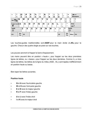 P a g e | 5
COMPILÉ POUR LE COMPTE DE VISICOM CENTER
Les touches-guides traditionnelles sont ASDF pour la main droite et JKL; pour la
gauche. Chacun des quatre doigts se pose sur ces touches.
Les pouces serviront à frapper la barre d'espacement.
Les mains peuvent être en position « haute », pour frapper sur les deux premières
lignes de lettres, ou « basse » pour frapper sur les deux dernières. Comme il y a trois
lignes de lettres, les lettres de la ligne du milieu (ASD…KL;) sont tapées indifféremment
en position haute ou basse.
Bien taper les lettres suivantes.
Position haute
Q et A avec l'auriculaire gauche
W et S avec l'annuaire gauche
E et D avec le majeur gauche
R et F avec l'index gauche
U et J avec l'index droit
I et K avec le majeur droit
 
