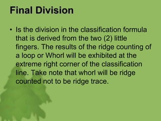 Final Division
• Is the division in the classification formula
that is derived from the two (2) little
fingers. The results of the ridge counting of
a loop or Whorl will be exhibited at the
extreme right corner of the classification
line. Take note that whorl will be ridge
counted not to be ridge trace.
 