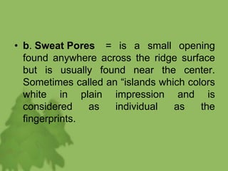 • b. Sweat Pores = is a small opening
found anywhere across the ridge surface
but is usually found near the center.
Sometimes called an “islands which colors
white in plain impression and is
considered as individual as the
fingerprints.
 