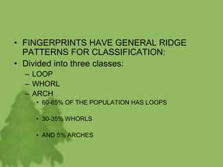 • FINGERPRINTS HAVE GENERAL RIDGE
PATTERNS FOR CLASSIFICATION:
• Divided into three classes:
– LOOP
– WHORL
– ARCH
• 60-65% OF THE POPULATION HAS LOOPS
• 30-35% WHORLS
• AND 5% ARCHES
 