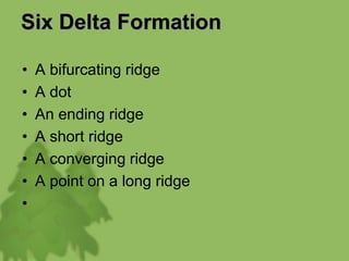 Six Delta Formation
• A bifurcating ridge
• A dot
• An ending ridge
• A short ridge
• A converging ridge
• A point on a long ridge
•
 