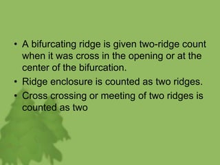 • A bifurcating ridge is given two-ridge count
when it was cross in the opening or at the
center of the bifurcation.
• Ridge enclosure is counted as two ridges.
• Cross crossing or meeting of two ridges is
counted as two
 