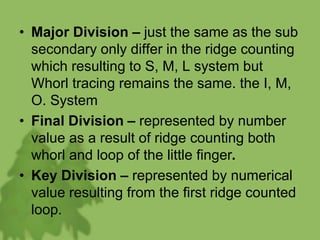 • Major Division – just the same as the sub
secondary only differ in the ridge counting
which resulting to S, M, L system but
Whorl tracing remains the same. the I, M,
O. System
• Final Division – represented by number
value as a result of ridge counting both
whorl and loop of the little finger.
• Key Division – represented by numerical
value resulting from the first ridge counted
loop.
 