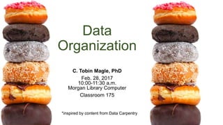 Data
Organization
C. Tobin Magle, PhD
Feb. 28, 2017
10:00-11:30 a.m.
Morgan Library Computer
Classroom 175
*inspired by content from Data Carpentry
 