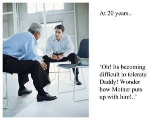 ‘Oh! Its becoming
difficult to tolerate
Daddy! Wonder
how Mother puts
up with him!..’
At 20 years..
 