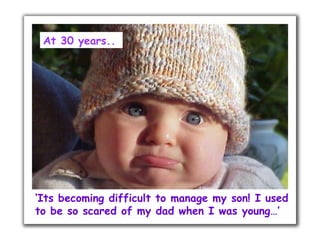 At 30 years..

‘Its becoming difficult to manage my son! I used
to be so scared of my dad when I was young…’

 