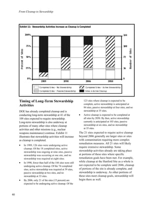 From Cleanup to Stewardship
40
Timing of Long-Term Stewardship
Activities
DOE has already completed cleanup and is
conducting long-term stewardship at 41 of the
109 sites expected to require stewardship.
Long-term stewardship is also underway at
portions of many other sites where cleanup
activities and other missions (e.g., nuclear
weapons maintenance) continue. Exhibit 11
illustrates that stewardship activities will increase
as cleanup is completed.
l
In 1989, 126 sites were undergoing active
cleanup. Of the 18 completed sites, active
stewardship was ongoing at nine sites, passive
stewardship was occurring at one site, and no
stewardship was required at eight sites.
l In 1998, fewer than half of the 144 sites were still
undergoing active cleanup. Of the 74 completed
sites, active stewardship was required at 39 sites,
passive stewardship at two sites, and no
stewardship at 33 sites.
l
By 2006, only 21 of the sites (15 percent) are
expected to be undergoing active cleanup. Of the
123 sites where cleanup is expected to be
complete, active stewardship is anticipated at
84 sites, passive stewardship at four sites, and no
stewardship at 35 sites.
l
Active cleanup is expected to be completed at
all sites by 2050. By then, active stewardship
currently is anticipated at 103 sites, passive
stewardship at six sites, and no stewardship
at 35 sites.
The 21 sites expected to require active cleanup
beyond 2006 generally are larger sites or sites
with contamination requiring more complex
remediation measures. All 21 sites will likely
require extensive stewardship. Some
stewardship activities already are taking place
at portions of these sites where specific
remediation goals have been met. For example,
while cleanup at the Hanford Site as a whole is
not expected to be complete until 2046, cleanup
of portions of the site is already complete, and
stewardship is underway. As other portions of
these sites meet cleanup goals, stewardship will
begin there as well.
EExxhhiibbiitt 1111:: SStteewwaarrddsshhiipp AAccttiivviittiieess IInnccrreeaassee aass CClleeaannuupp iiss CCoommpplleetteedd
 