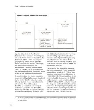 C-2
reported at the site level. Therefore, the
Department chose to measure stewardship on a
site level.1
For the purpose of this analysis, the
Department defined a “site” as a contiguous
geographically distinct area (as opposed to a
release site or sub-area of a site). For example,
the Idaho National Engineering and
Environmental Laboratory, Fernald, and the
Tuba City UMTRA Cell are each considered
one site although they differ significantly in size
as well as type and extent of contamination.
In identifying those sites that are expected to
require stewardship, the Department started with
the list of sites identified in the Accelerating
Cleanup: Paths to Closure report, hereinafter
referred to as Paths to Closure (see
Exhibit C-1). The Paths to Closure report
included 134 geographic sites that EM has
historically included in its scope (including the
Waste Isolation Pilot Plant). In addition to the
134, DOE included additional sites where long-
term stewardship responsibilities have been
transferred to the Department through existing
laws. The additional sites include 28 sites
transferred under the authority of UMTRCA of
1978, one site transferred under the NWPA, and
one additional small site.
The universe of sites identified in this report
also differs from Paths to Closure because this
analysis did not include the 21 FUSRAP sites
transferred to the Army Corps of Engineers in
1998 (Exhibit C-2). Also excluded from the list
of sites included in this report are the Belfield
and Bowman sites, which were delisted from
UMTRCA in May of 1998. Lastly, the Tonopah
Test Range was combined with the Nevada Test
Site because the long-term planning for the sites
is based on the two areas being managed as one
site. This resulted in a net difference of 10 sites,
and an overall list of 144 sites where the
From Cleanup to Stewardship
EExxhhiibbiitt CC--11:: OOrriiggiinn ooff NNuummbbeerr ooff SSiitteess iinn TThhiiss AAnnaallyyssiiss
1. The data used in this report were drawn from existing DOE Headquarters sources used for high-level planning efforts. Specific sites and field offices
may have more detailed information, however, obtaining more detailed information from sites was outside the scope of this document, due to time
and budget constraints.
 