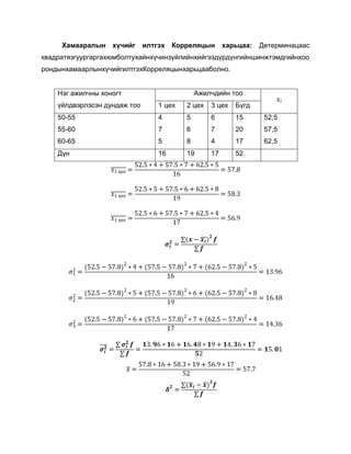 Хамааралын

хүчийг

илтгэх

Корреляцын

харьцаа:

Детерминацаас

квадратязгуургаргахюмболтухайнхүчинзүйлийнхийгээдүрдүнгийншинжтэмдгийнхоо
рондынхамаарлынхүчийгилтгэхКорреляцынхарьцааболно.
Ажилчдийн тоо

Нэг ажилчны хоногт
үйлдвэрлэсэн дундаж тоо

1 цех

2 цех

3 цех

Бүгд

50-55

4

5

6

15

52,5

55-60

7

6

7

20

57,5

60-65

5

8

4

17

62,5

Дүн

16

19

17

52

 