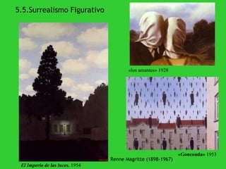5.5.Surrealismo Figurativo Renne Magritte  (1898-1967) «Gonconda»  1953 El Imperio de las luces.  1954 «los amantes» 1928 