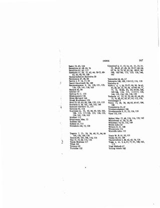 4
j
~
'1.,..
"'
INDEX 167
Sakti 23, 83, 160
Samkbya xi, 68, 69, 76
Sandilya 81, 85, 112
Samkara 11, 20, 21, 42, 44, 7o-72, 8o-
82, 85, 90, 99, 100
Sankaracbarya Jayendra 20
Santayana 47, 48, 88
Sartre J. P. 14, 17, 99
Sastri Gourinath 98, 109
Satyanarayana 9, 10, 120, 121, 123.
126, 129, 141, 150, 163
Sayana 42, 88
Schiler 19
Sethna H. C. 133
Shakespeare 136
Shaw Bernard 146
Singh Kushwant 129
Siva 23, 63, 83, 89, 108, 132, 151, 155
Socrates 9, 58, 101, 144, 145, 146
Spencer Herbert 72, 157
Spinoza 92, 114
Sllpreme ix, 53, 92, 98, 99, 103, 105,
108, 113, 117-120, 125, 126, 132,
136, 141, 150, 163
Sridhar 112
Srinivasan Mm. 13
Subhas 102
Sufism 65, 115
Svetaketu 44, 73, 120
Tagore 7. 21, 24, 34, 49, 51, 84, 86
101, 136, 149. 156
Tantra 89, 107, 108, 110, 116
Tao 51, 53, 60, 116, 156
Tarak Brahma 117
Tilak 101
Tolstoy 92
Tulsidas 132
Upanisad 4, 11, 13, 16, 19, 21, 23, 27,
33, 40-45, 47, 49, 50, 52-57, 60, 64,
69-74, 76, 79, 82, 85, 86, 89-91, 96-
100, 102-106, 113, 125. 126, 140,
143
Vaisesika 64, 66, 67
Vaisnava 108, 109, 110-112, 116, 159
Vasistha 41
Veda x, 4, 7, 20, 23-27, 99, 30, 34-43,
45, 46, 49, 52, 54, 58, 62-64, 69, 71,
75, 76, 78-80, 82, 83. 85·89, 100,
102-108, 110, 111, 115-117, 120,
144, 153, 154, 156, 158, 159
Vedanta xi, 23, 32, 33, 44, 45, 64, 69,
72, 76, 80, 81, 85, 87, 95, 112, 118,
Vidyasagar 9
Visnu 13, 28, 38, 80, 83, 85·87, 104,
108
Viswamitra 25, 41
Vivekacudamani 106
Vivekananda 9, 21, 23, 156, 159
Vysa 153, 154
Waber Max 27, 48, 110. 116, 129, 142
Whitehead xi, 50, 51,88
Whitman 14, 65, 132, 149
Wilde John 45
Wilson H. H. 108
Winternitz 116
Wycbffe John 151
Yeats W. B. 91,93,151
Yaska 34, 83, 100
Yajnavalkya 3, 40, 42, 43, 74, 126
Yoga x, xi, 3, 4, 67, 77, 91, 100, 102,
113
Yogi Mahesh 67
Young rebels 102
 