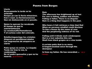 .

                                  Poems from Borges
    Lluvia
    Bruscamente la tarde se ha
                                         Rain
    aclarado
                                         The afternoon has brightened up at last
    Porque ya cae la lluvia minuciosa.
                                         For rain is falling, sudden and minute.
    Cae o cayó. La lluviaesunacosa
                                         Falling or fallen. There is no dispute:
    Que sin dudasucede en el pasado.
                                         Rain is a thing that happens in the past.
    Quien la oyecaer ha recobrado
                                         Who hears it fall retrieves a time that fled
    El tiempo en que la
                                         When an uncanny windfall could disclose
    suerteventurosa
                                         To him a flower by the name of rose
    Le revelóunaflorllamadarosa
                                         And the perplexing redness of its red.
    Y el curioso color del colorado.
                                         Falling until it blinds each windowpane
    Estalluviaqueciega los cristales
                                         Out in a lost suburbia this rain
    Alegrará en perdidosarrabales
                                         Shall liven black grapes on a vine inside
    Las negrasuvas de unaparra en
    cierto
                                         A certain patio that is no more.
                                         A longed-awaited voice through the
    Patio queya no existe. La mojada
                                         downpour
    Tarde me trae la voz, la
    vozdeseada,                          Is from my father. He has neverdied.   .   (A. Z.
    De mi padre quevuelve y que no ha    Forman)
    muerto. (A. Z. Forman)
 