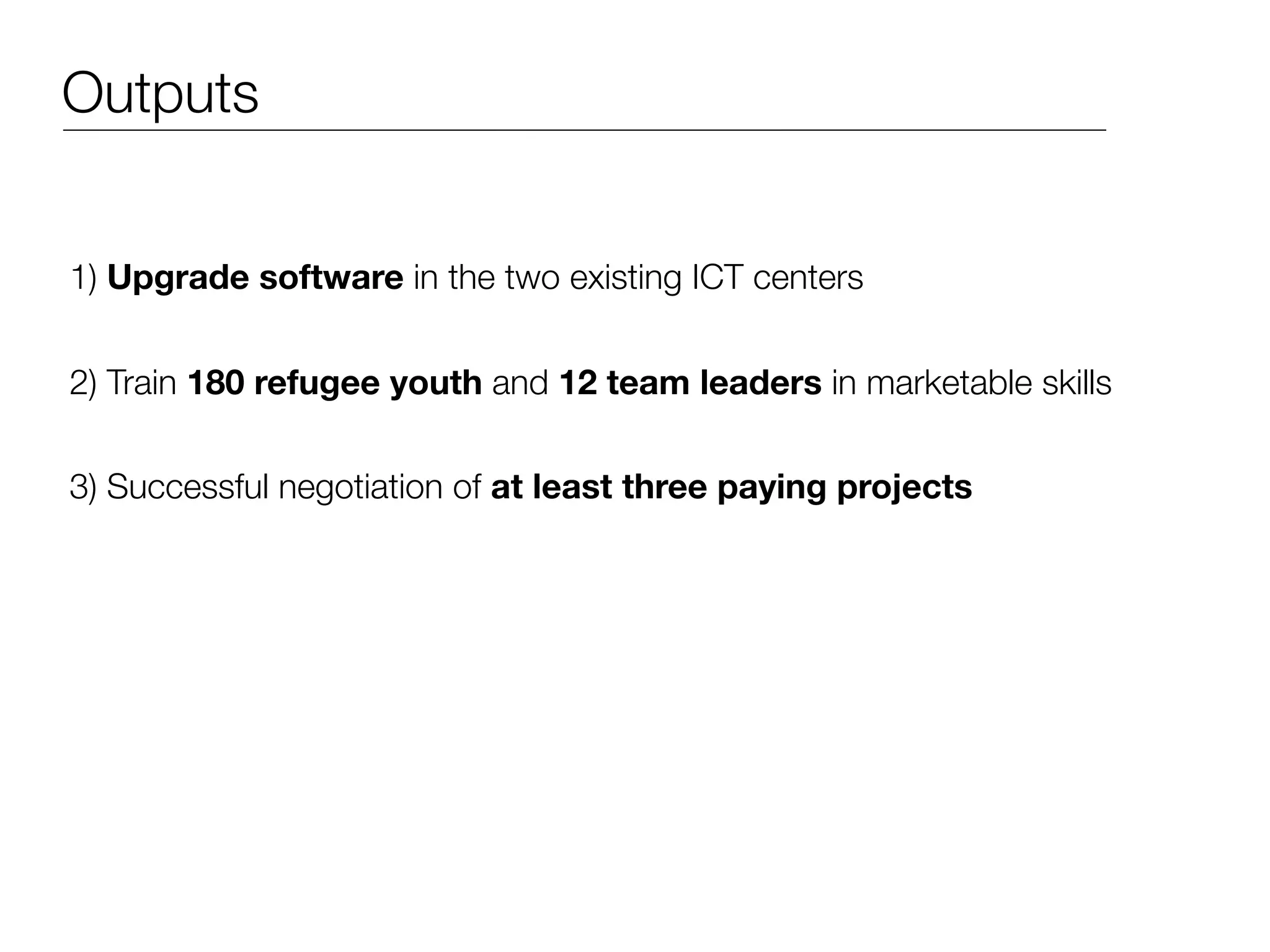 Outputs


1) Upgrade software in the two existing ICT centers


2) Train 180 refugee youth and 12 team leaders in marketable skills


3) Successful negotiation of at least three paying projects
 
