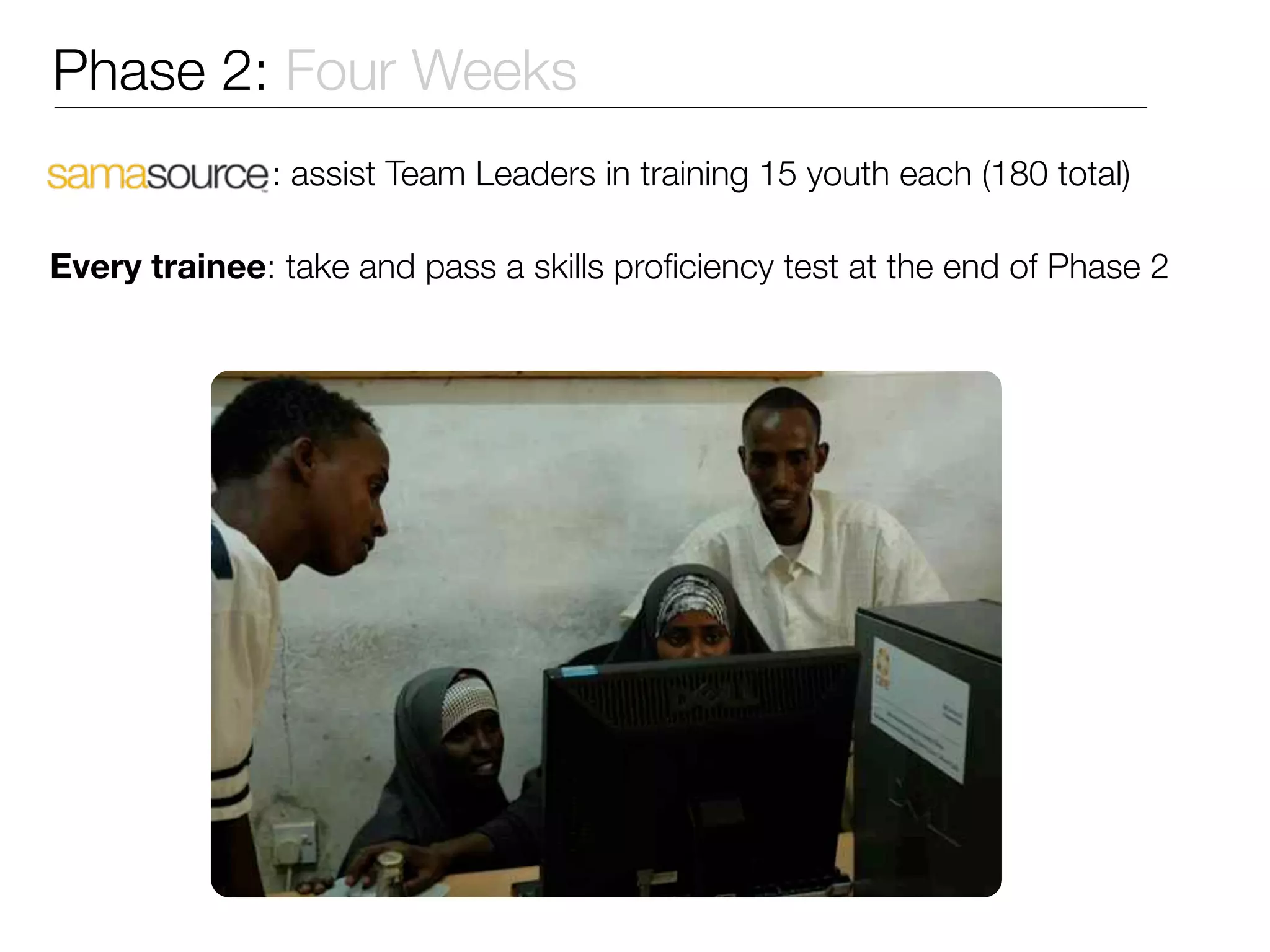Phase 2: Four Weeks
              : assist Team Leaders in training 15 youth each (180 total)

Every trainee: take and pass a skills proﬁciency test at the end of Phase 2
 
