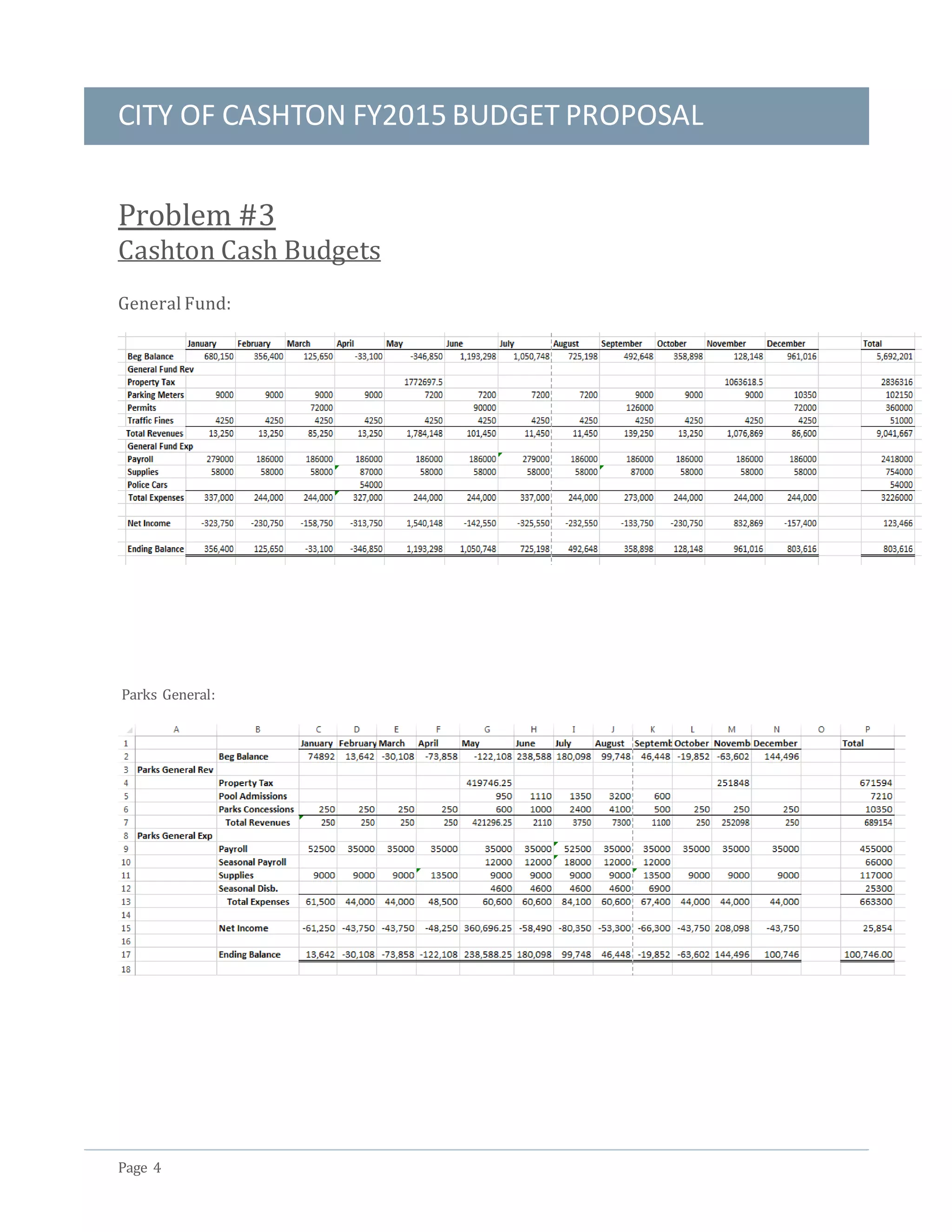 CITY OF CASHTON FY2015 BUDGET PROPOSAL
Page 4
Problem #3
Cashton Cash Budgets
General Fund:
Parks General:
 