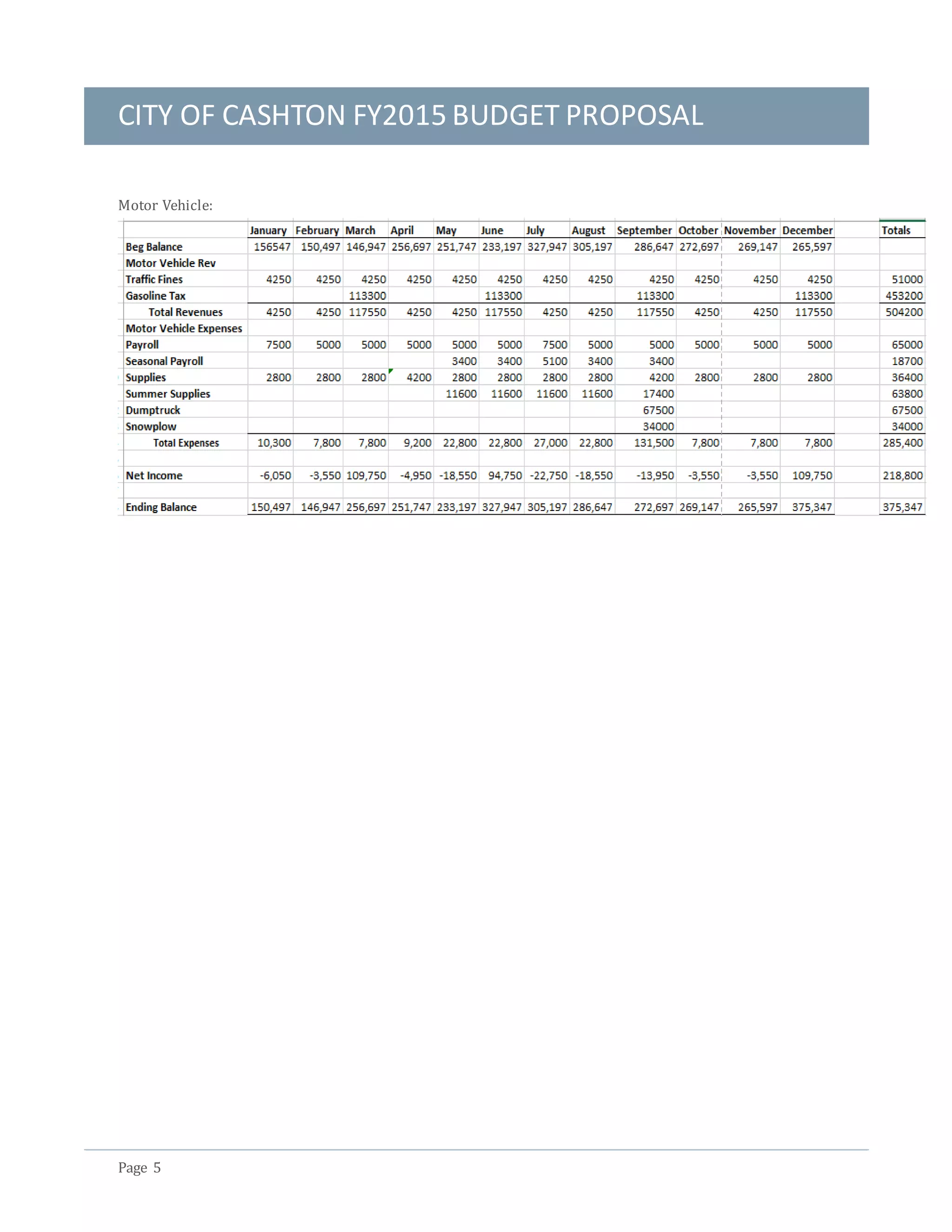 CITY OF CASHTON FY2015 BUDGET PROPOSAL
Page 5
Motor Vehicle:
 