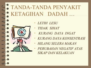 TANDA-TANDA PENYAKIT
KETAGIHAN DADAH …
• LETIH LESU
• TIDAK SIHAT
• KURANG DAYA INGAT
• KURANG DAYA KONSENTRASI
• HILANG SELERA MAKAN
• PERUBAHAN NEGATIF ATAS
SIKAP DAN KELAKUAN
 