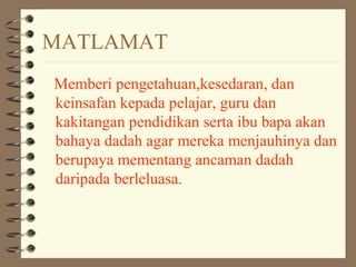 MATLAMAT
Memberi pengetahuan,kesedaran, dan
keinsafan kepada pelajar, guru dan
kakitangan pendidikan serta ibu bapa akan
bahaya dadah agar mereka menjauhinya dan
berupaya mementang ancaman dadah
daripada berleluasa.
 