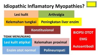 Idiopathic Inflamatory Myopathies?
       Lesi kulit               Arthralgia
 Kelemahan tungkai          Peningkatan liver enzim

                      Konstitusional
                                               BIOPSI OTOT
TIDAK MENUNJANG
                                                      EMG
Lesi kulit atipikal    Kelemahan proximal
                                               Autoantibodi
 Enzim otot normal           Polineuropati
 
