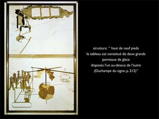 struttura: “ haut de neuf pieds 
le tableau est constitué de deux grands 
panneaux de glace 
disposés l’un au-dessus de l’autre 
(Duchampe du signe, p. 212)” 
 