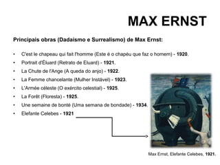MAX ERNST
Principais obras (Dadaísmo e Surrealismo) de Max Ernst:

•   C'est le chapeau qui fait l'homme (Este é o chapéu que faz o homem) - 1920.
•   Portrait d'Éluard (Retrato de Eluard) - 1921.
•   La Chute de l'Ange (A queda do anjo) - 1922.
•   La Femme chancelante (Mulher Instável) - 1923.
•   L'Armée céleste (O exército celestial) - 1925.
•   La Forêt (Floresta) - 1925.
•   Une semaine de bonté (Uma semana de bondade) - 1934.
•   Elefante Celebes - 1921




                                                            Max Ernst, Elefante Celebes, 1921.
 