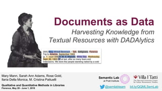 Documents as Data
Harvesting Knowledge from
Textual Resources with DADAlytics
Mary Mann, Sarah Ann Adams, Rose Gold,
Ilari...