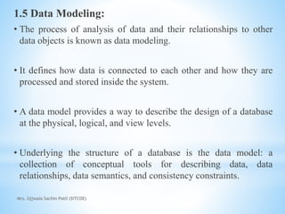 1.5 Data Modeling:
• The process of analysis of data and their relationships to other
data objects is known as data modeling.
• It defines how data is connected to each other and how they are
processed and stored inside the system.
• A data model provides a way to describe the design of a database
at the physical, logical, and view levels.
• Underlying the structure of a database is the data model: a
collection of conceptual tools for describing data, data
relationships, data semantics, and consistency constraints.
Mrs. Ujjwala Sachin Patil (SITCOE)
 