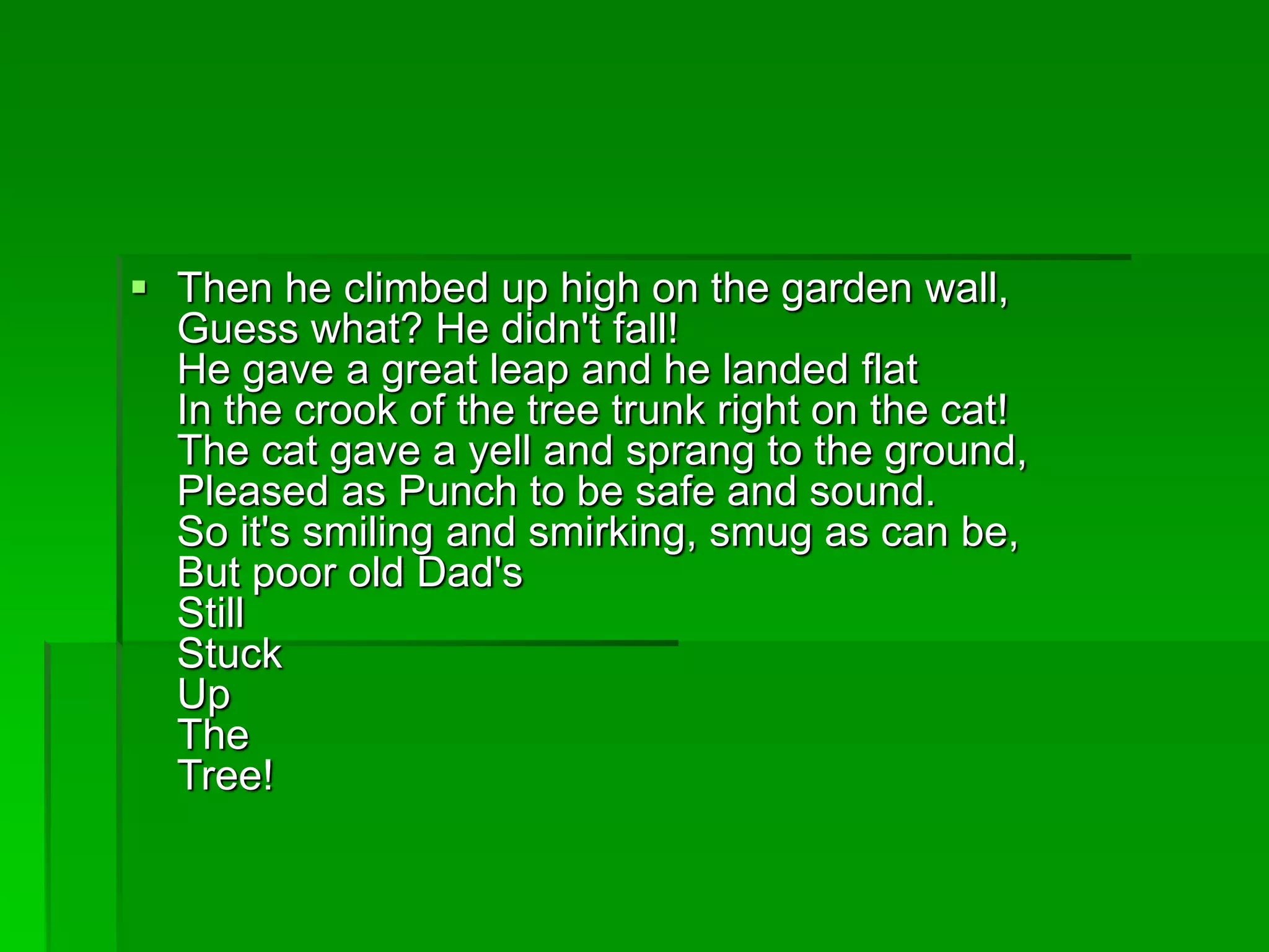  Then he climbed up high on the garden wall,
Guess what? He didn't fall!
He gave a great leap and he landed flat
In the crook of the tree trunk right on the cat!
The cat gave a yell and sprang to the ground,
Pleased as Punch to be safe and sound.
So it's smiling and smirking, smug as can be,
But poor old Dad's
Still
Stuck
Up
The
Tree!
 