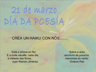 Está a árbore en flor.  Sobre a area E a noite sácalle, cada dia,  escritura de paxaros: a metade das flores.  memorias do...