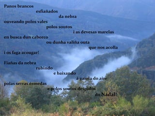 Panos brancos     esfiañados     da nebra ouveando polos vales   polos soutos   i as devesas marelas en busca dun caborco   ou dunha valiña outa   que nos acolla i os faga acougar! Fiañas da nebra   rubindo   e baixando    á gaiola do aire polas serras érmedas   e polos soutos despidos   do  Nadal ! 
