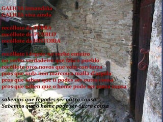 GALICIA irmandiña GALICIA viva aínda recóllote da TERRA recóllote do PUEBLO recóllote da HISTORIA recóllote i érgote no verbo enteiro no verbo verdadeiro que fala o pueblo recóllote pros novos que vein con forza pros que inda non marcou a malla d’argola pros que saben que ti podes ser outra cousa pros que saben que o home pode ser outra cousa sabemos que ti podes ser outra cousa Sabemos que o home pode ser outra cousa 