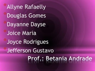 *Allyne Rafaelly
*Douglas Gomes
*Dayanne Dayse
*Joice Maria
*Joyce Rodrigues
*Jefferson Gustavo
 