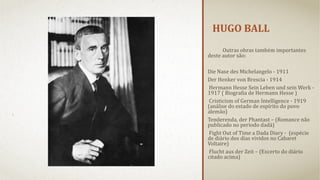 HUGO BALL
Outras obras também importantes
deste autor são:
Die Nase des Michelangelo - 1911
Der Henker von Brescia - 1914
Hermann Hesse Sein Leben und sein Werk 1917 ( Biografia de Hermann Hesse )
Cristicism of German Intelligence - 1919
(análise do estado de espírito do povo
alemão)
Tenderenda, der Phantast – (Romance não
publicado no período dadá)
Fight Out of Time a Dada Diary - (espécie
de diário dos dias vividos no Cabaret
Voltaire)
Flucht aus der Zeit – (Excerto do diário
citado acima)

 