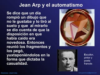 Jean Arp y el automatismo
Se dice que un día
rompió un dibujo que
no le gustaba y lo tiró al
suelo y que al mirarlo
se dio cuenta de que la
disposición en que
había caído era
novedosa. Entonces
reunió los fragmentos y
los pegó,
yuxtaponiéndolos en la
forma que dictaba la
casualidad.
Escultor,
pintor y
poeta
francés
nora.guevara.sip@gmail.comEdiciones Libart Ltda.
 